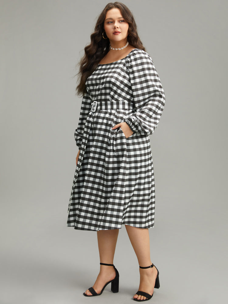 Halloween Plaid Print Belted Square Neck Lantern Sleeve Dress-Sweetccc