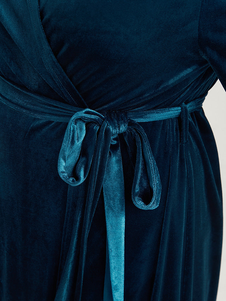 Solid Lace Trim Belted Wrap Velvet Midi Dress-Sweetccc