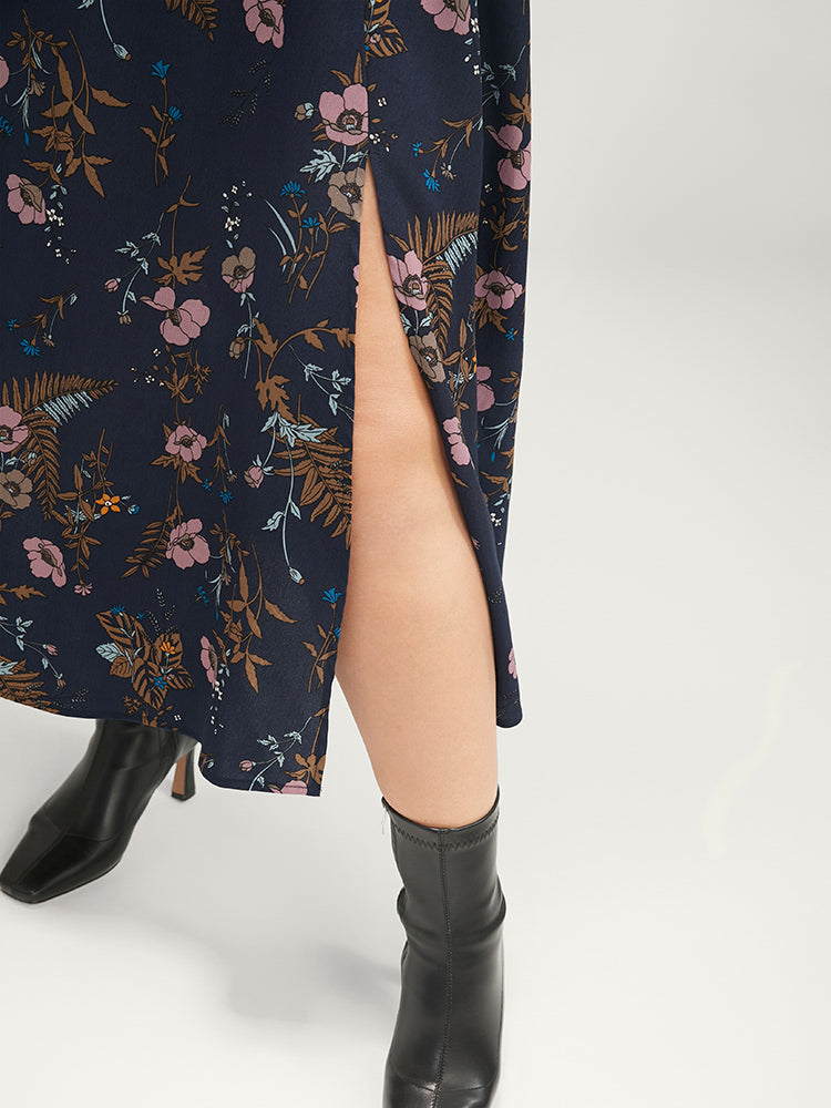 Floral Pocket Knotted Neck Ruffle Trim Split Dress-Sweetccc