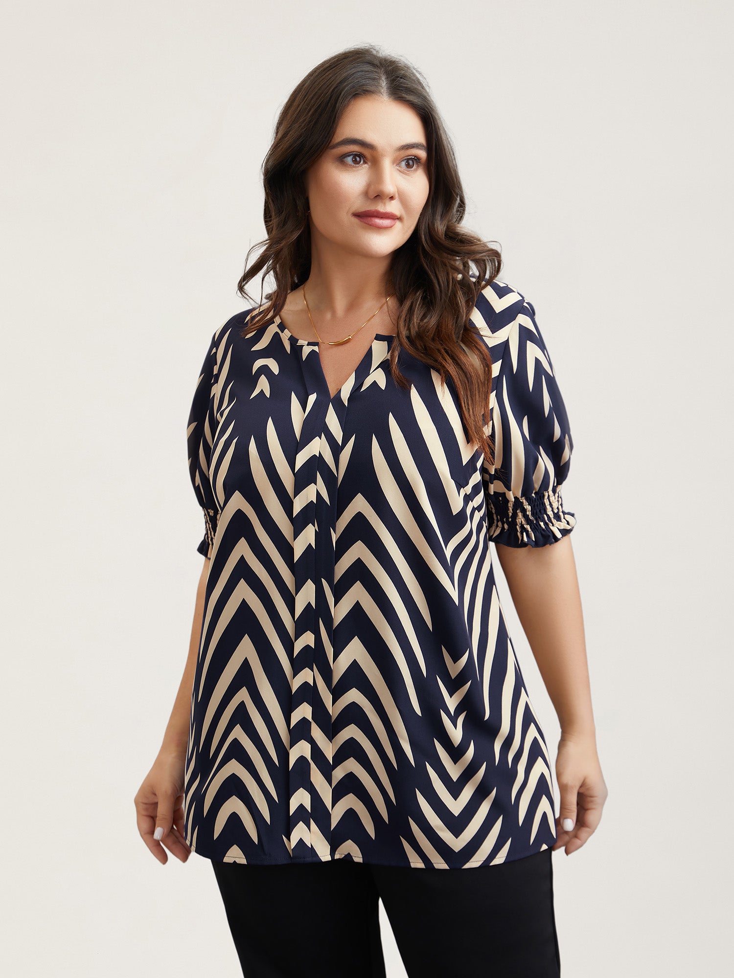 Geometric Print Ruffled Shirred Shirt-Sweetccc