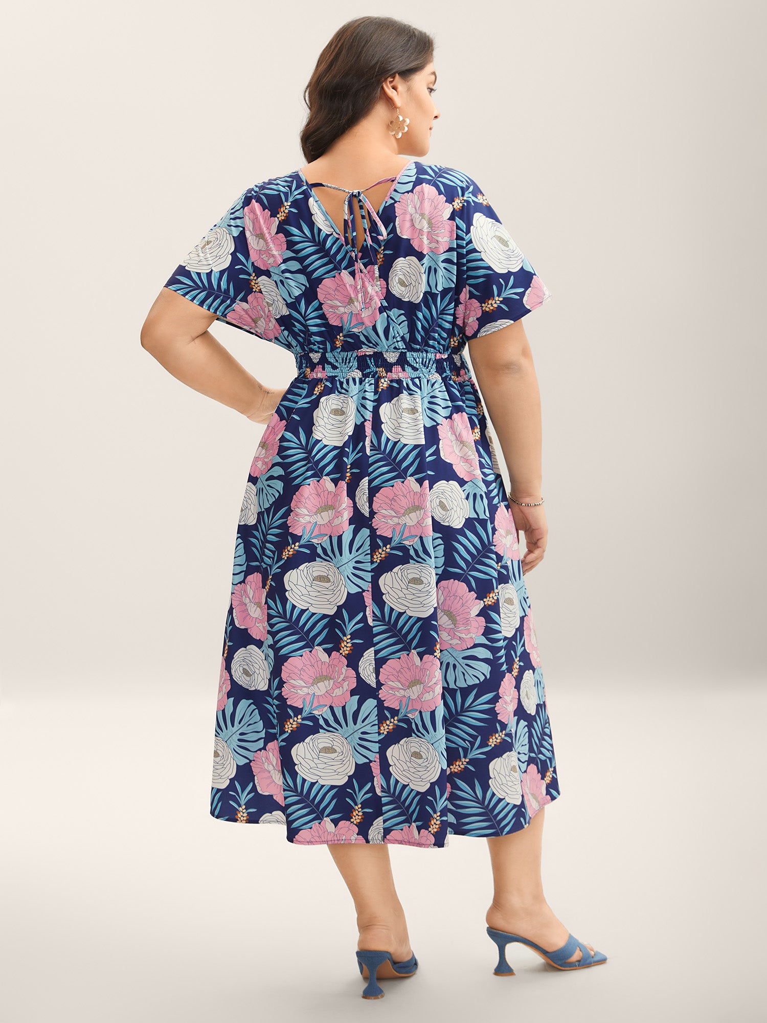 Tropical Print Back-Tie Shirred Midi Dress-Sweetccc