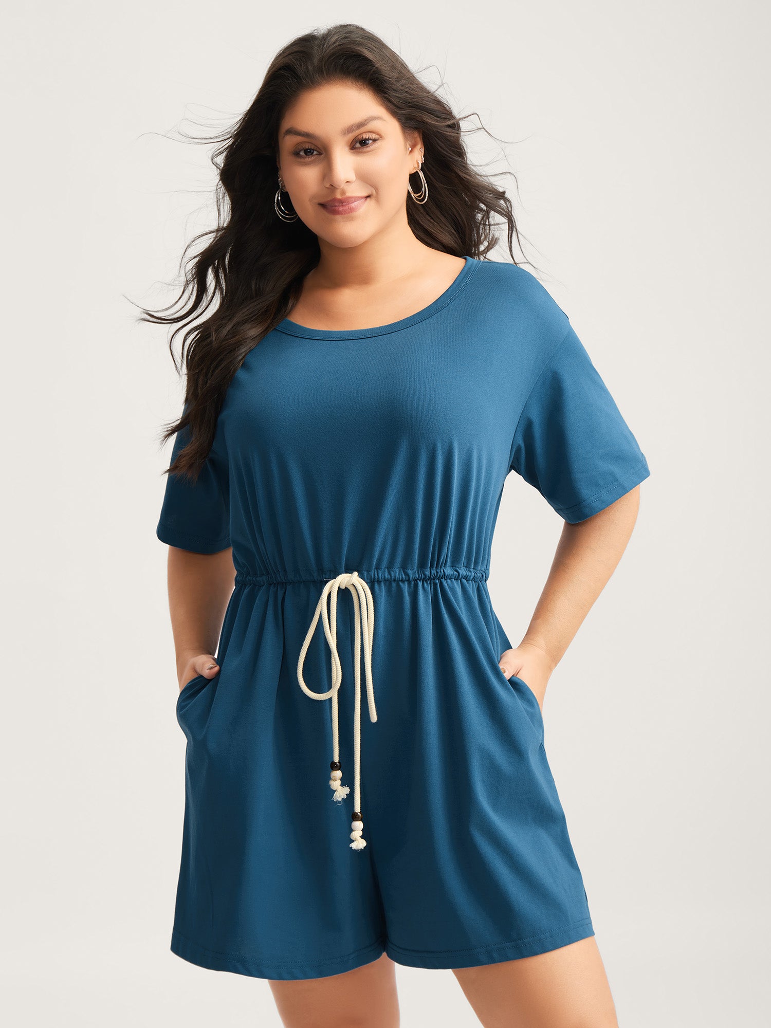 Solid Knit Waist Drawstring Romper-Sweetccc