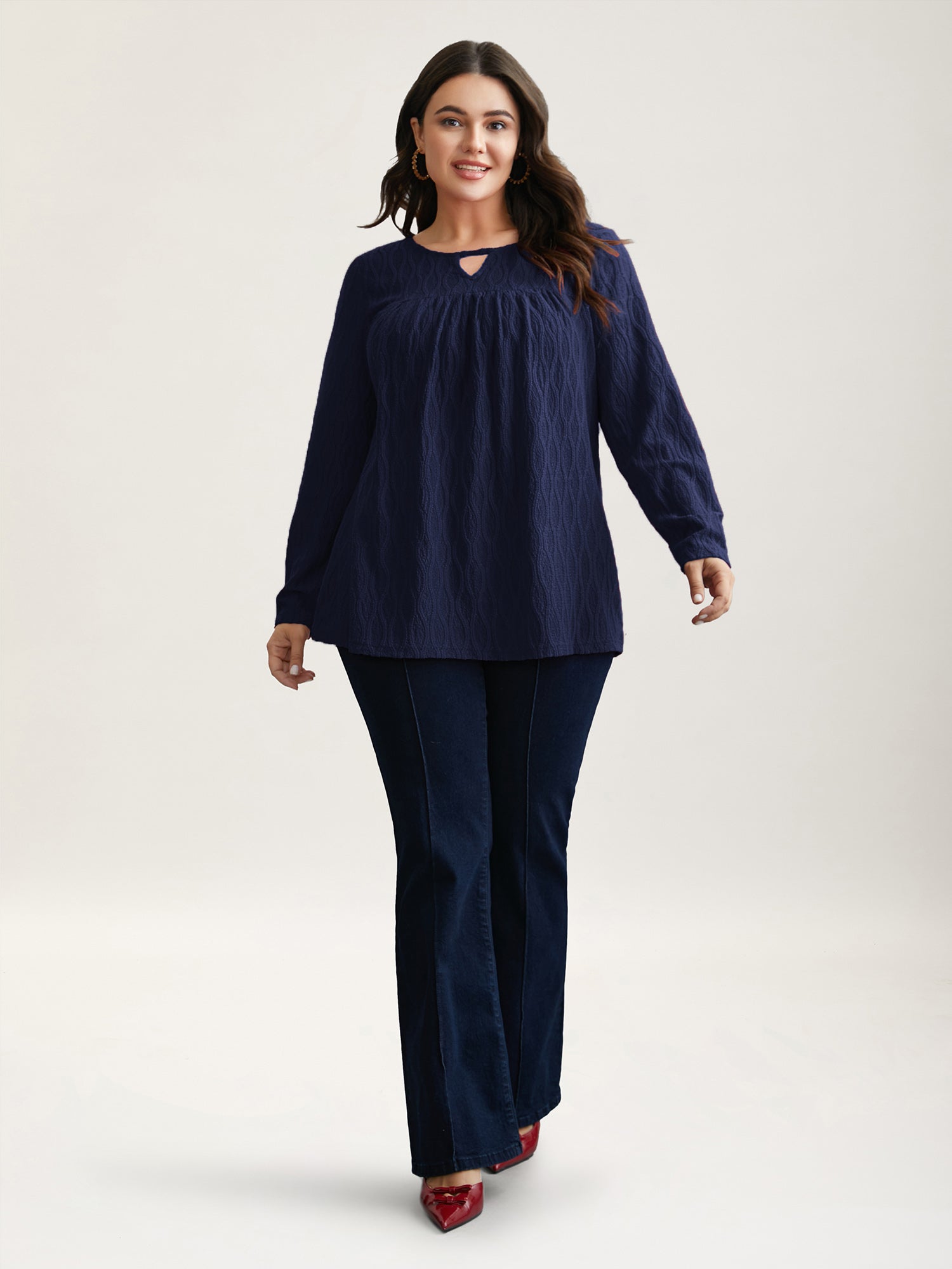 Textured Keyhole Gathered Knit Top-Sweetccc