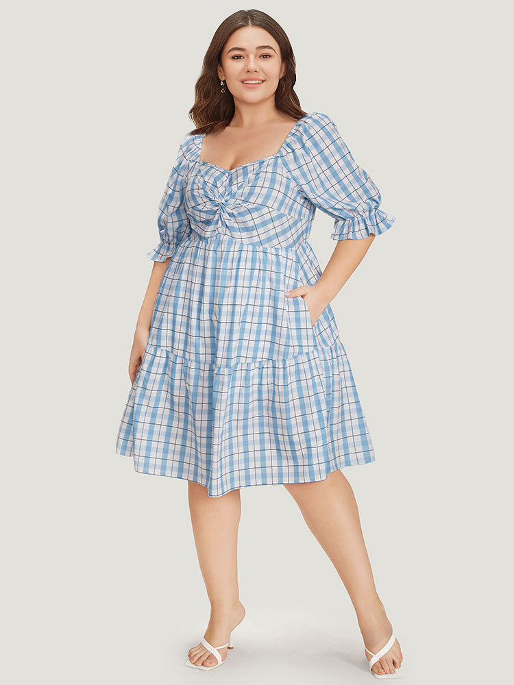 Twist Front Square Neck Ruffle Layered Hem Bell Sleeve Dress-Sweetccc