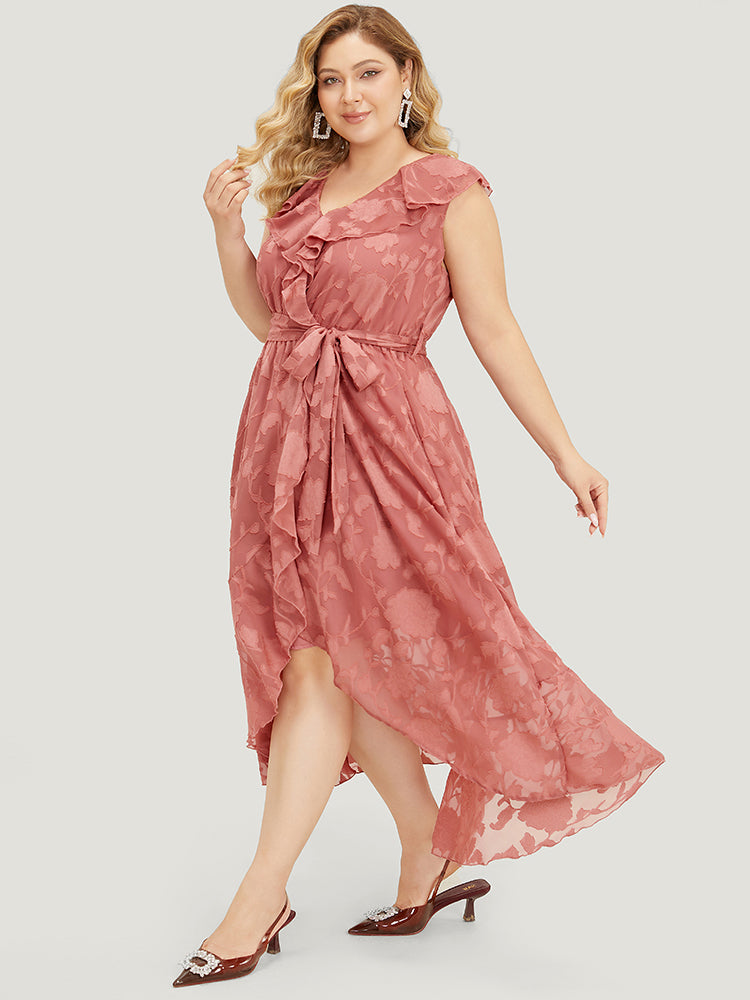 Floral Print Ruffle Trim Wrap Belted  Asymmetrical Tank Dress-Sweetccc