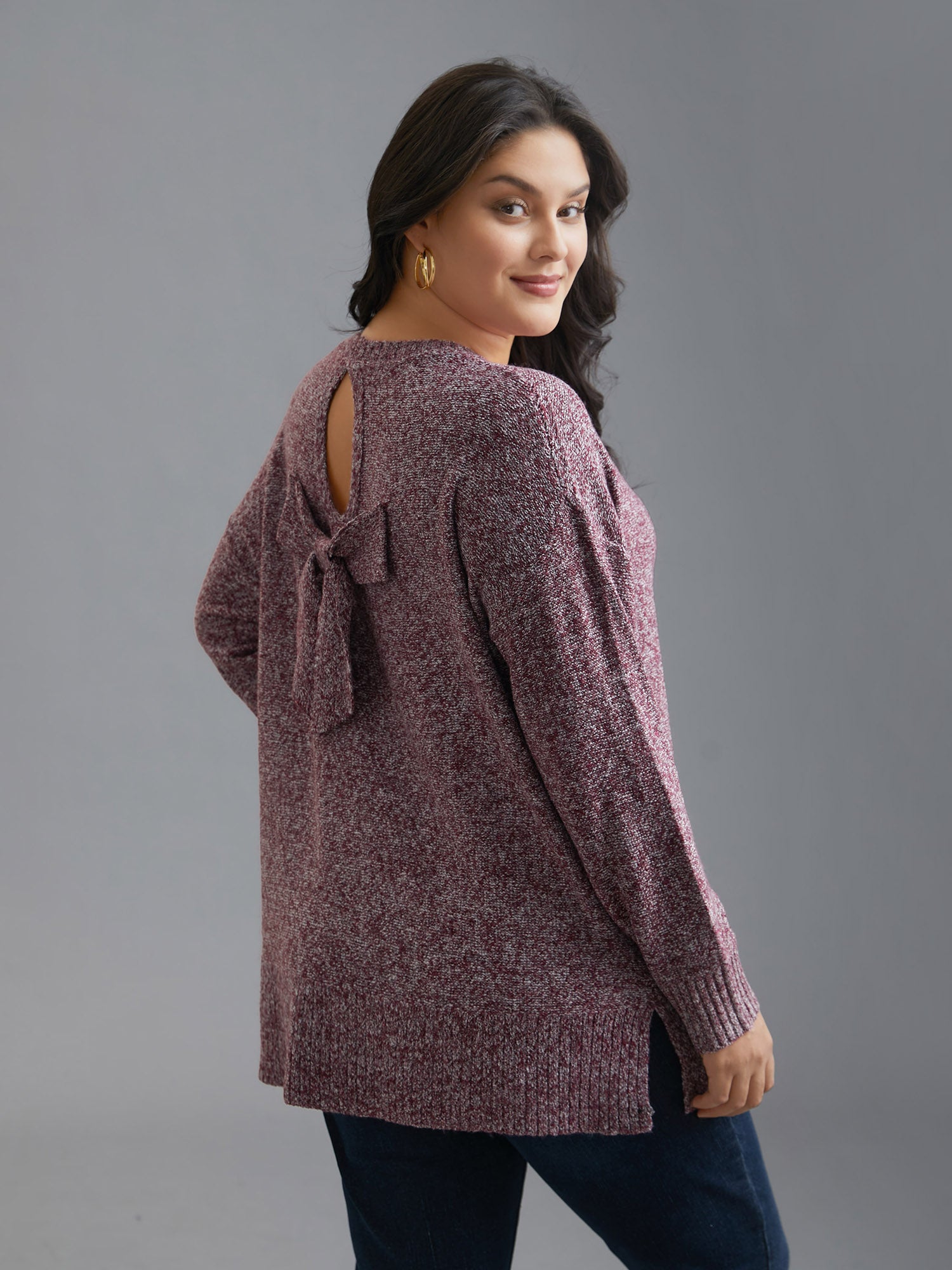 Texture Bowknot Cut Out Slit Hem Pullover-Sweetccc