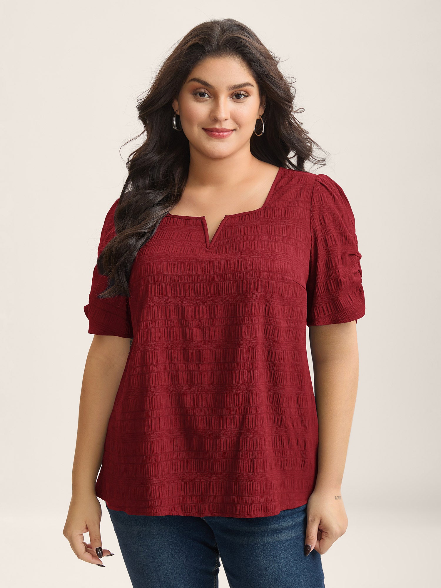 Textured Gathered Sleeve Split Neck Blouse-Sweetccc