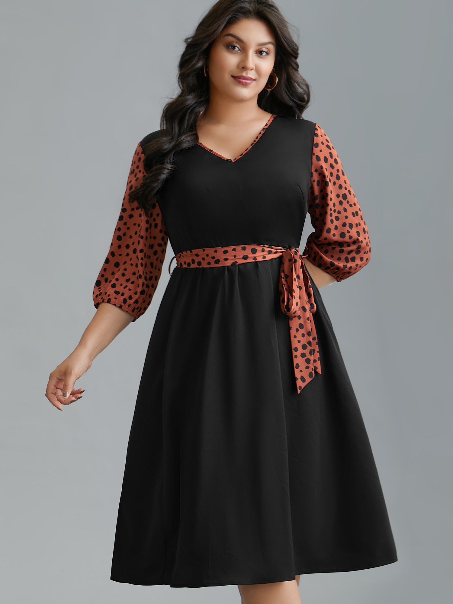 V Neck Polka Dot Color contrast Dress-Sweetccc