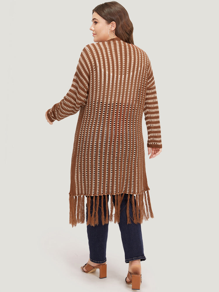 Striped Open Front Tassel Trim Hollow Out Cardigan-Sweetccc