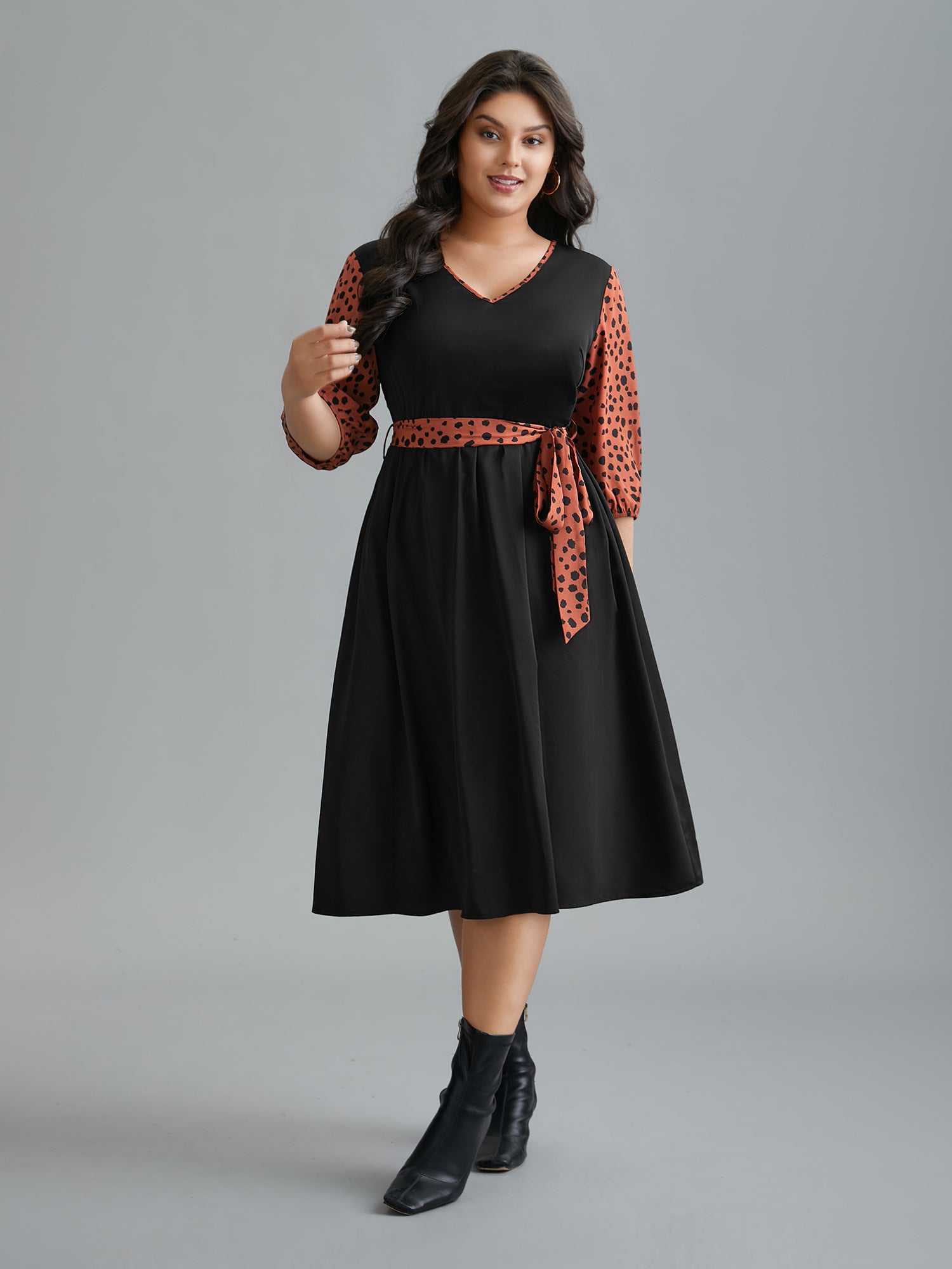 V Neck Polka Dot Color contrast Dress-Sweetccc