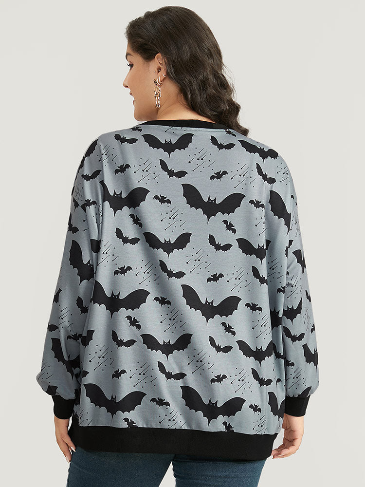 Halloween Bat Print Pocket Button Up Rib Knit Coat-Sweetccc