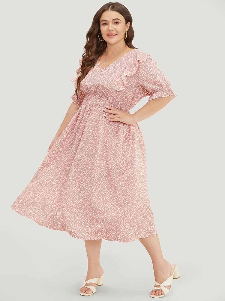 Leopard Ruffle Trim Pocket Shirred Puff Sleeve Dress-Sweetccc