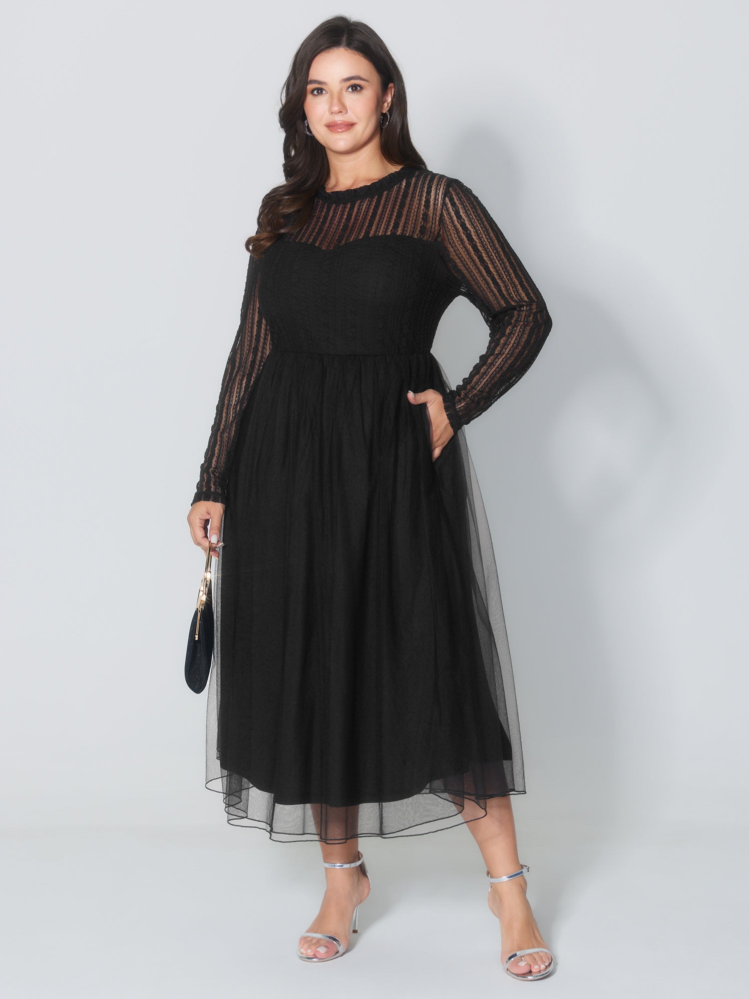 Mock Neck Sheer Stretchy Midi Dress-Sweetccc
