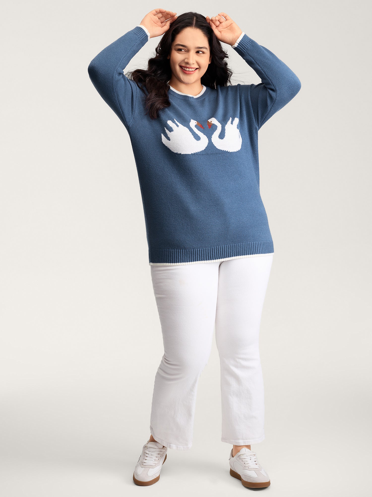 Swan Jacquard Pattern Color Contrast Pullover-Sweetccc