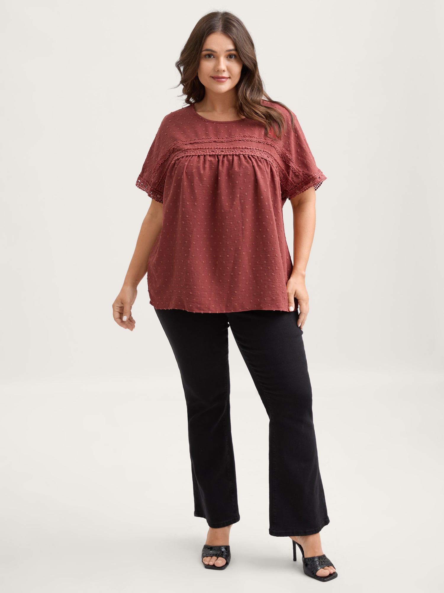 Textured Lace Trim Solid Blouse-Sweetccc