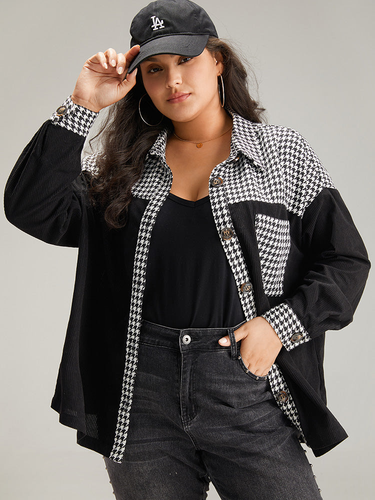 Houndstooth Patchwork Pocket Button Through Corduroy Coat-Sweetccc