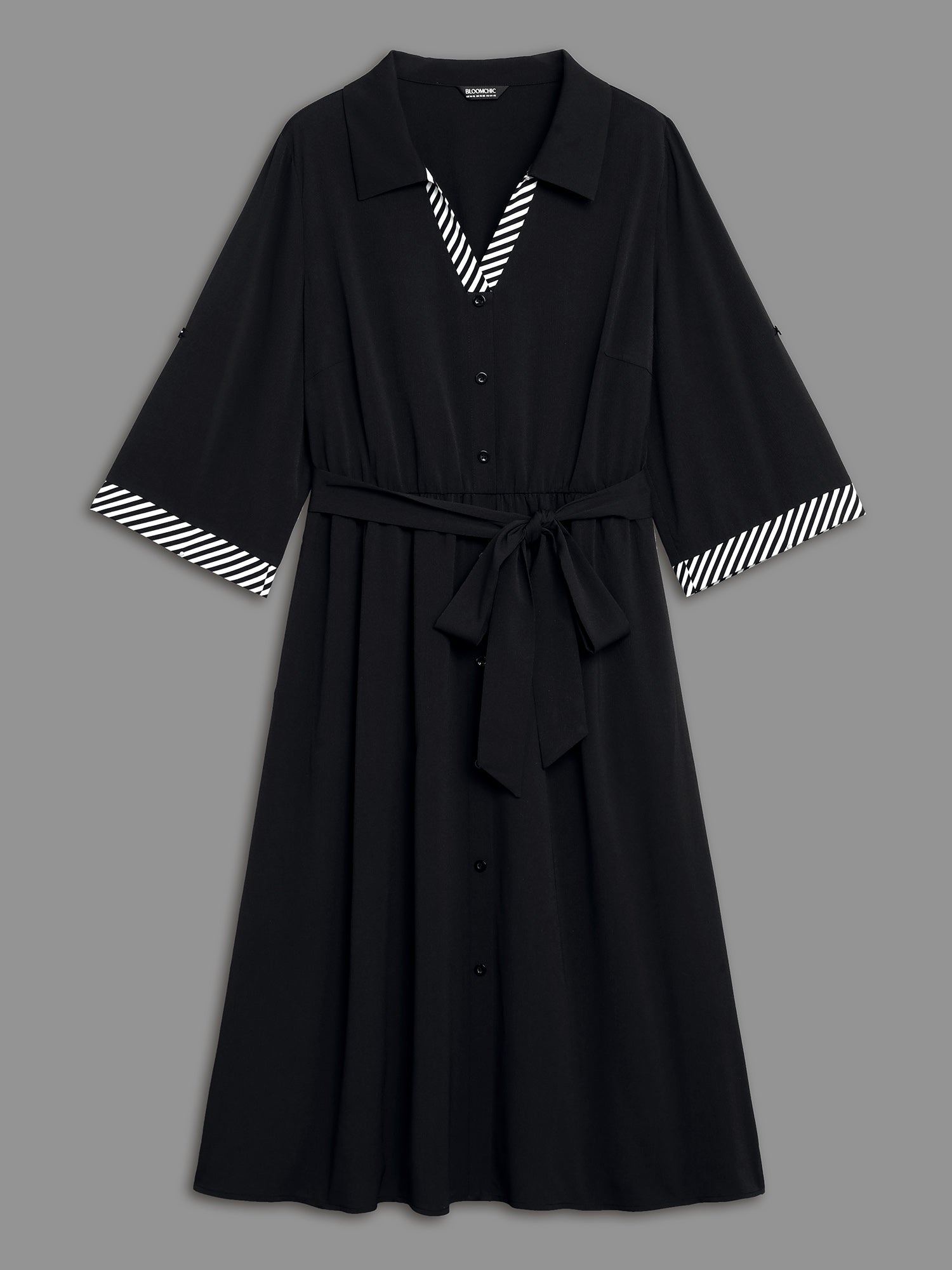 Tab Sleeve Striped Belted Shirt Dress-Sweetccc