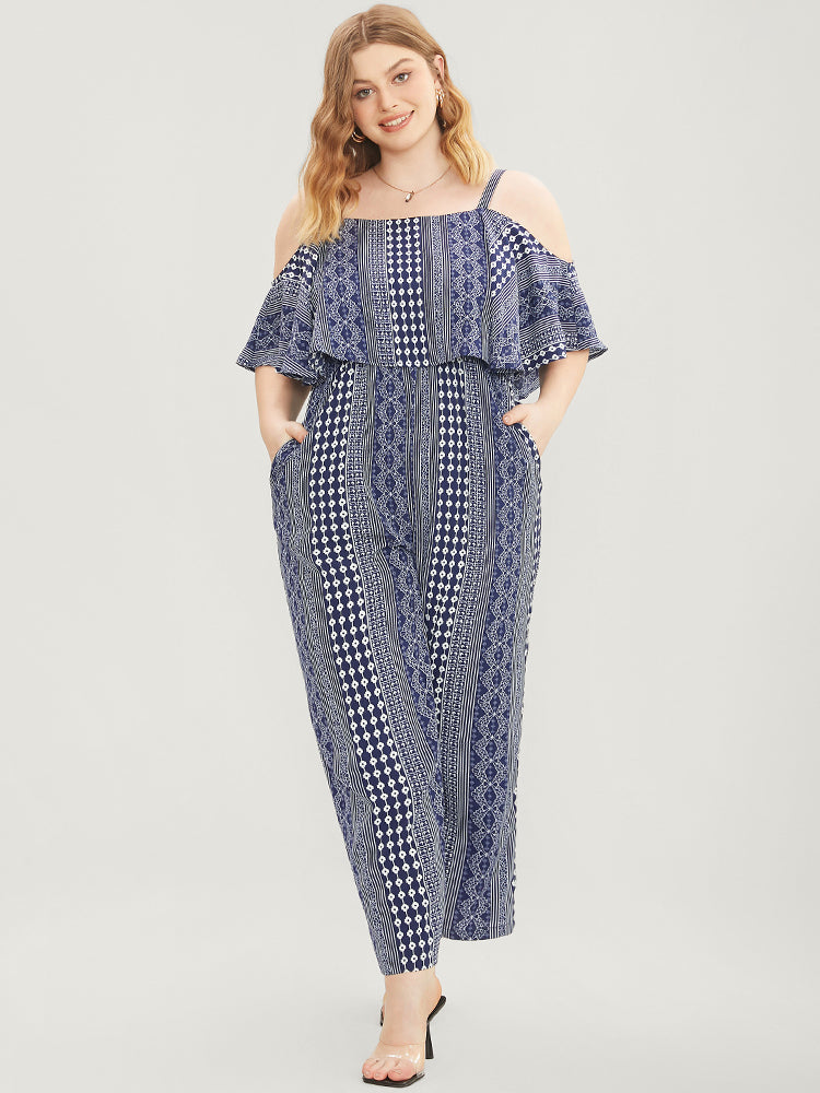 Striped Geometric Pocket Ruffles Cold Shoulder Jumpsuit-Sweetccc