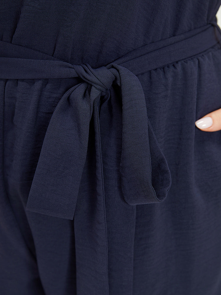 Solid Pocket Contrast Lace Belted Tank Romper-Sweetccc