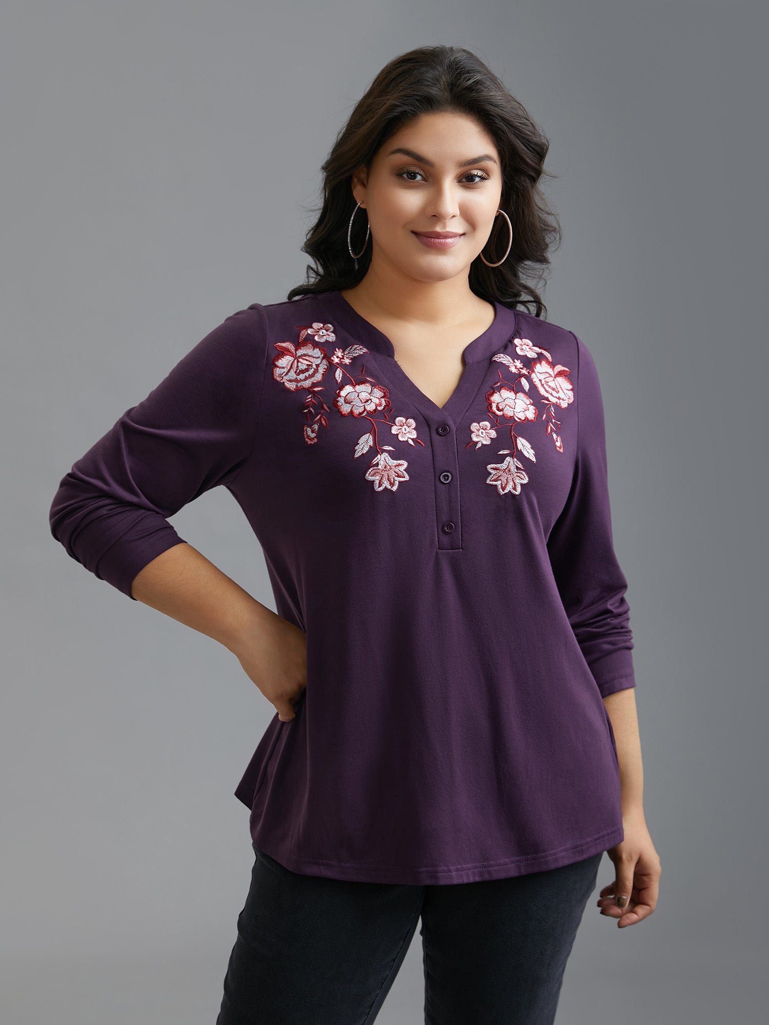 Notched Floral Embroidered  Button Top-Sweetccc