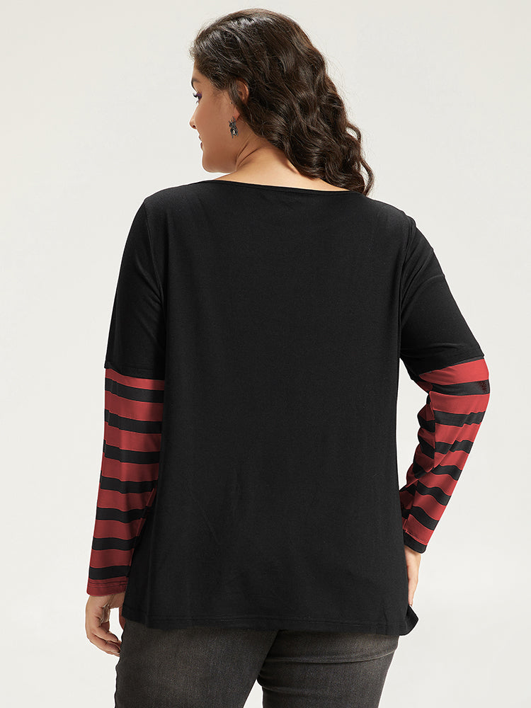 Halloween Striped & Skull Print Patchwork T-shirt-Sweetccc