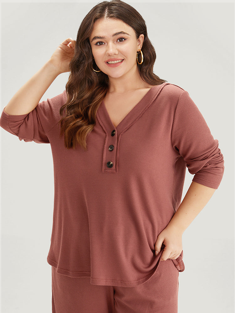 Solid Waffle Knit V Neck Button Up Woven Top-Sweetccc