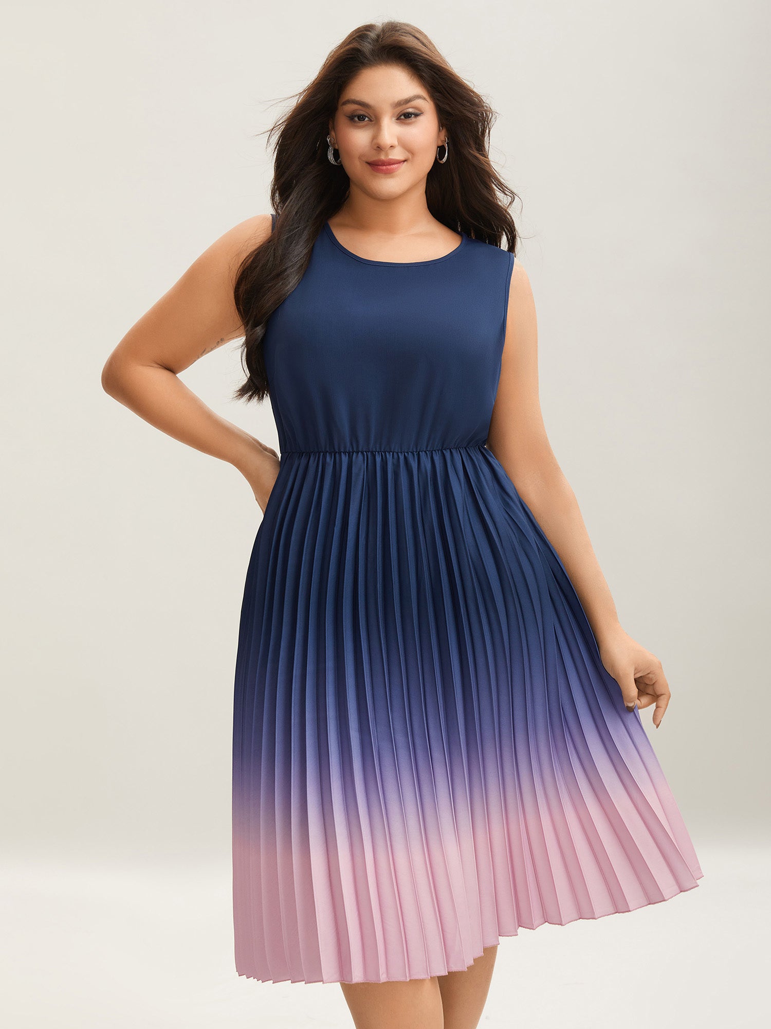 Ombre Gradient Pleated Sleeveless Midi Dress-Sweetccc
