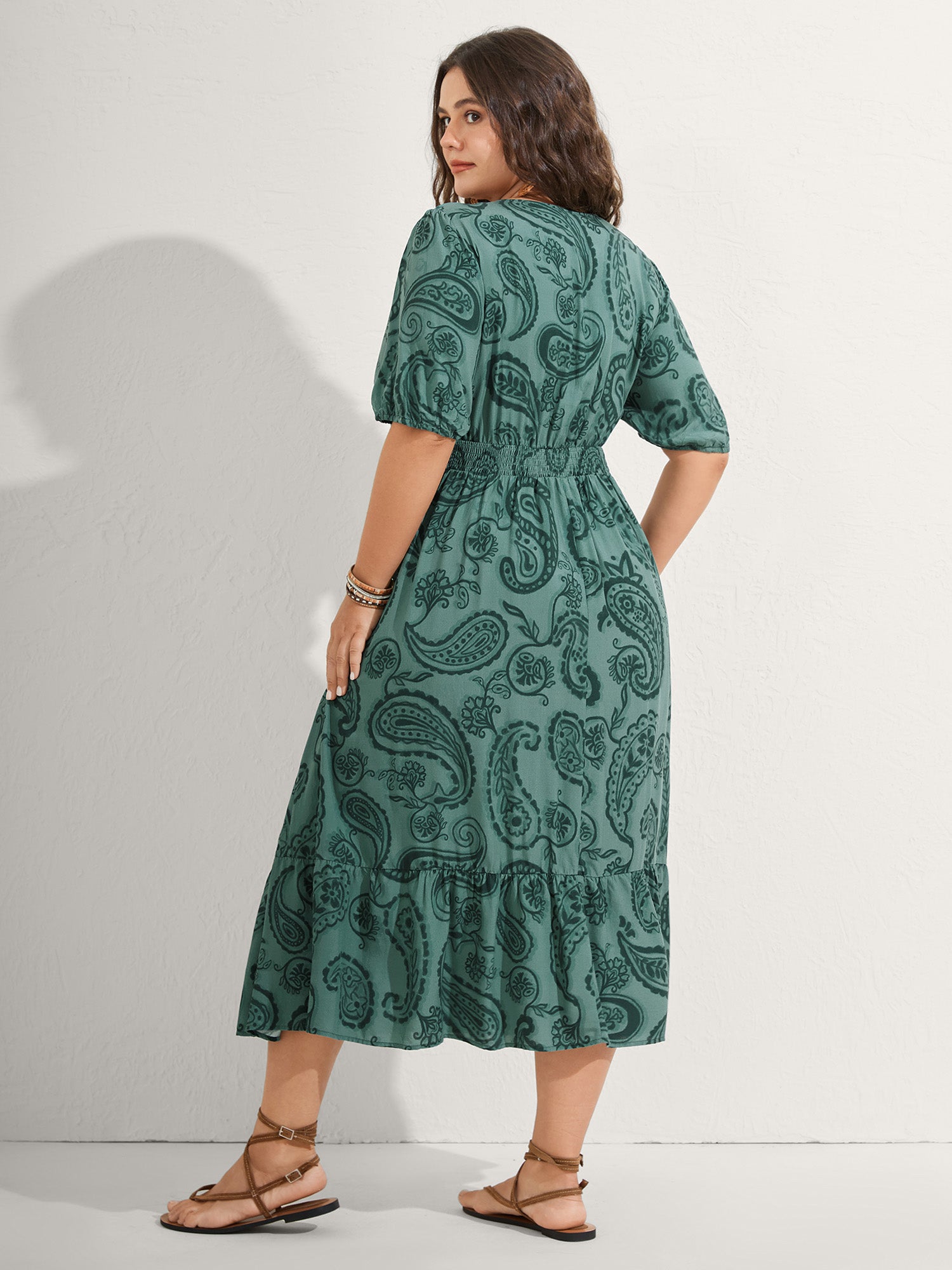Paisley Print Shirred Waist Midi Dress-Sweetccc