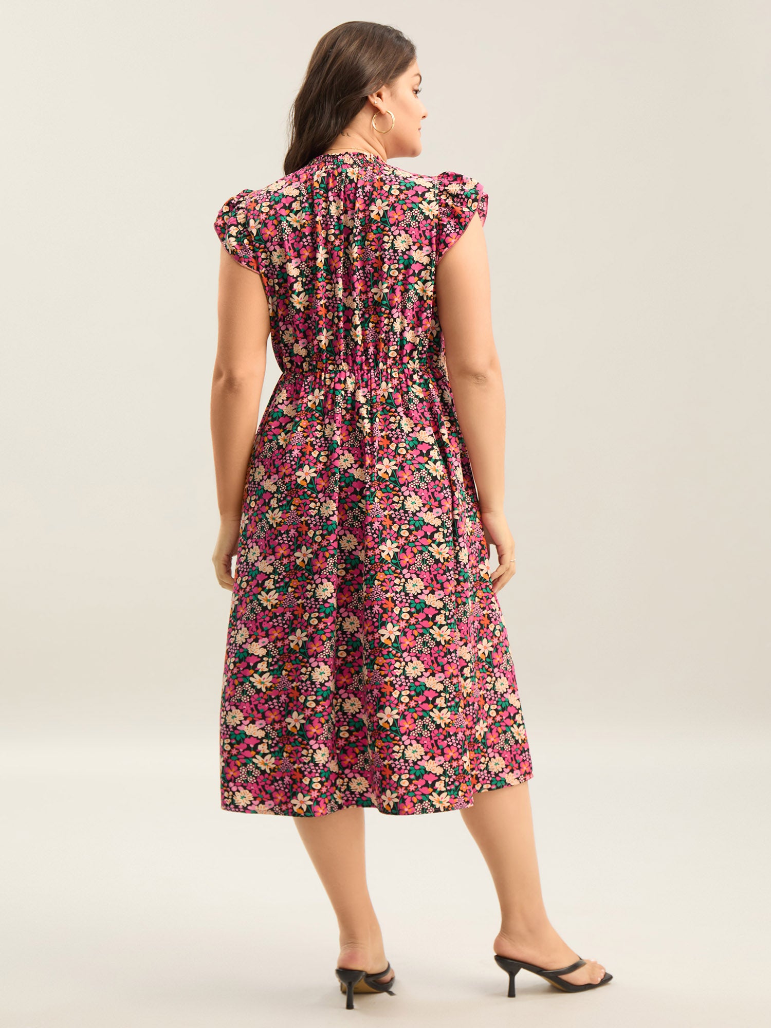 Floral Print Shirred Pockets Midi Dress-Sweetccc