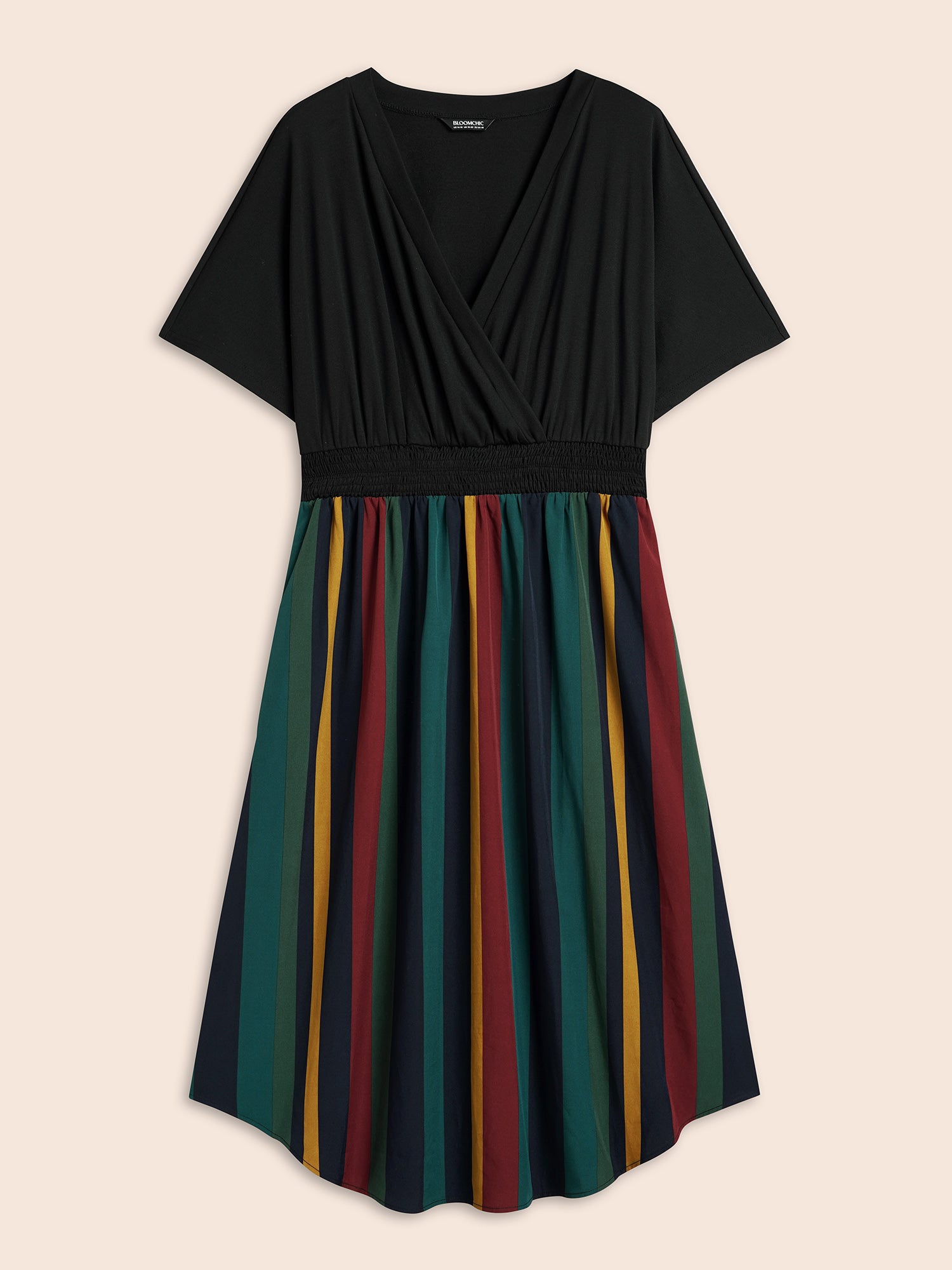 Striped Overlap Collar Shirred Midi Dress-Sweetccc