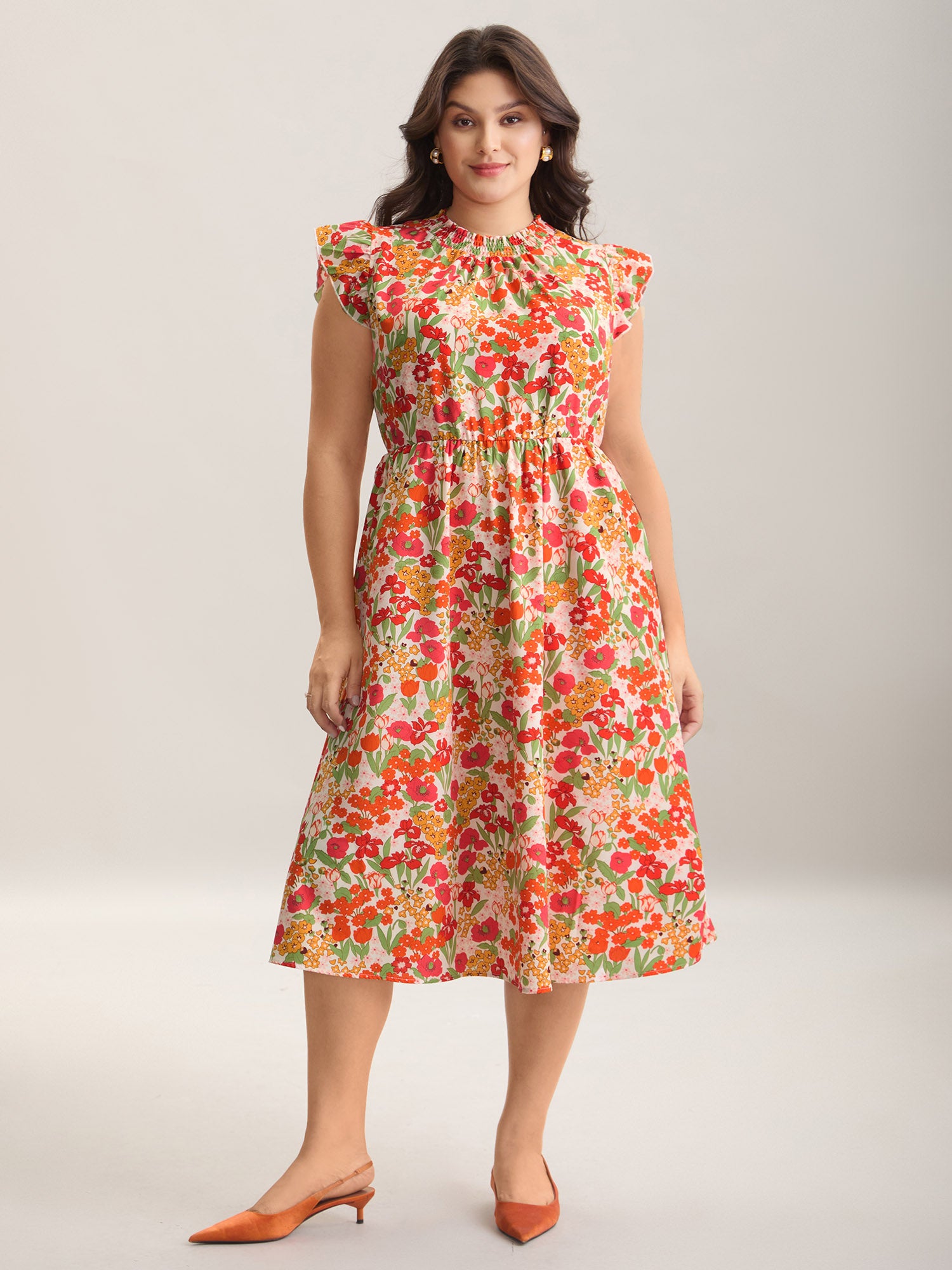 Floral Print Shirred Pockets Midi Dress-Sweetccc