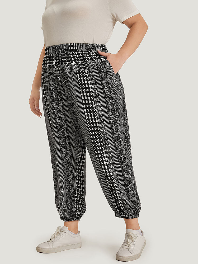 Moroccan Print Pocket Elastic Waist Ties Pants-Sweetccc
