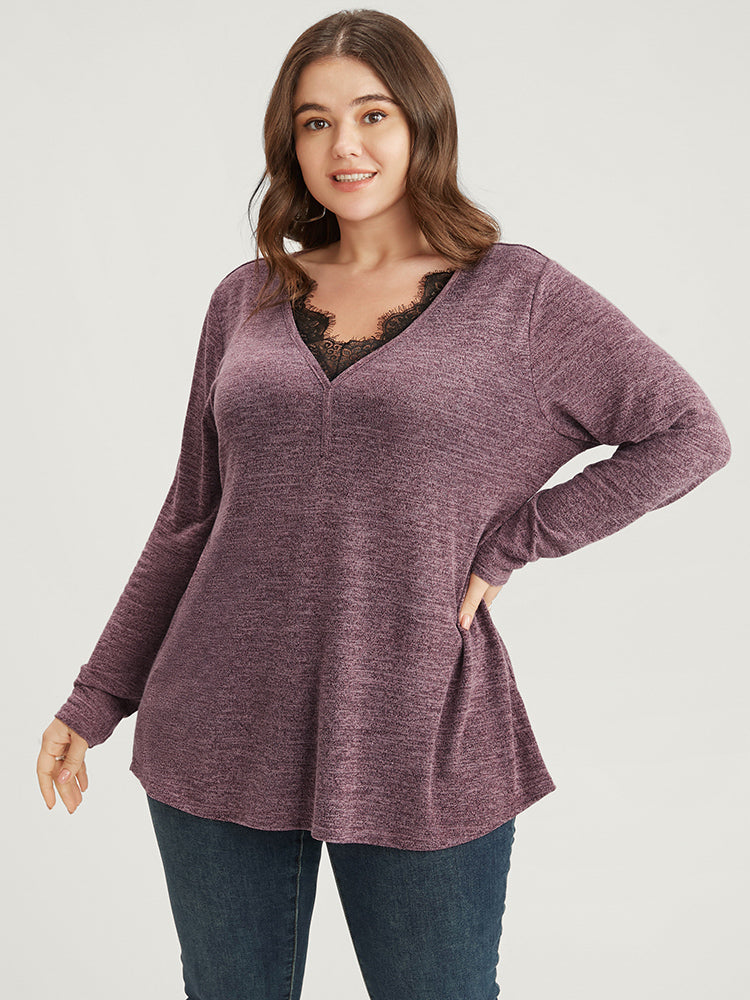 Solid Lace Trim V Neck Long Tee-Sweetccc