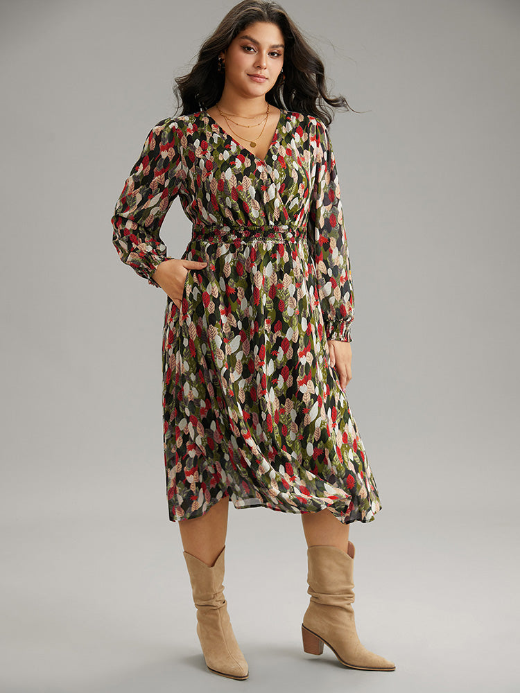 Overlap Collar Feather Shirred Pocket Dress-Sweetccc