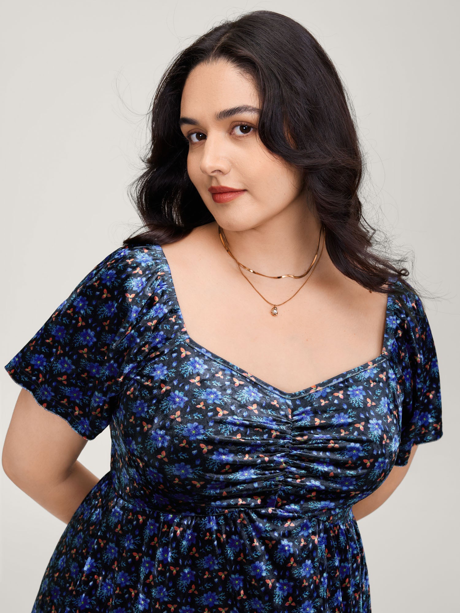 Velvet Floral Gathered Bodice Midi Dress-Sweetccc