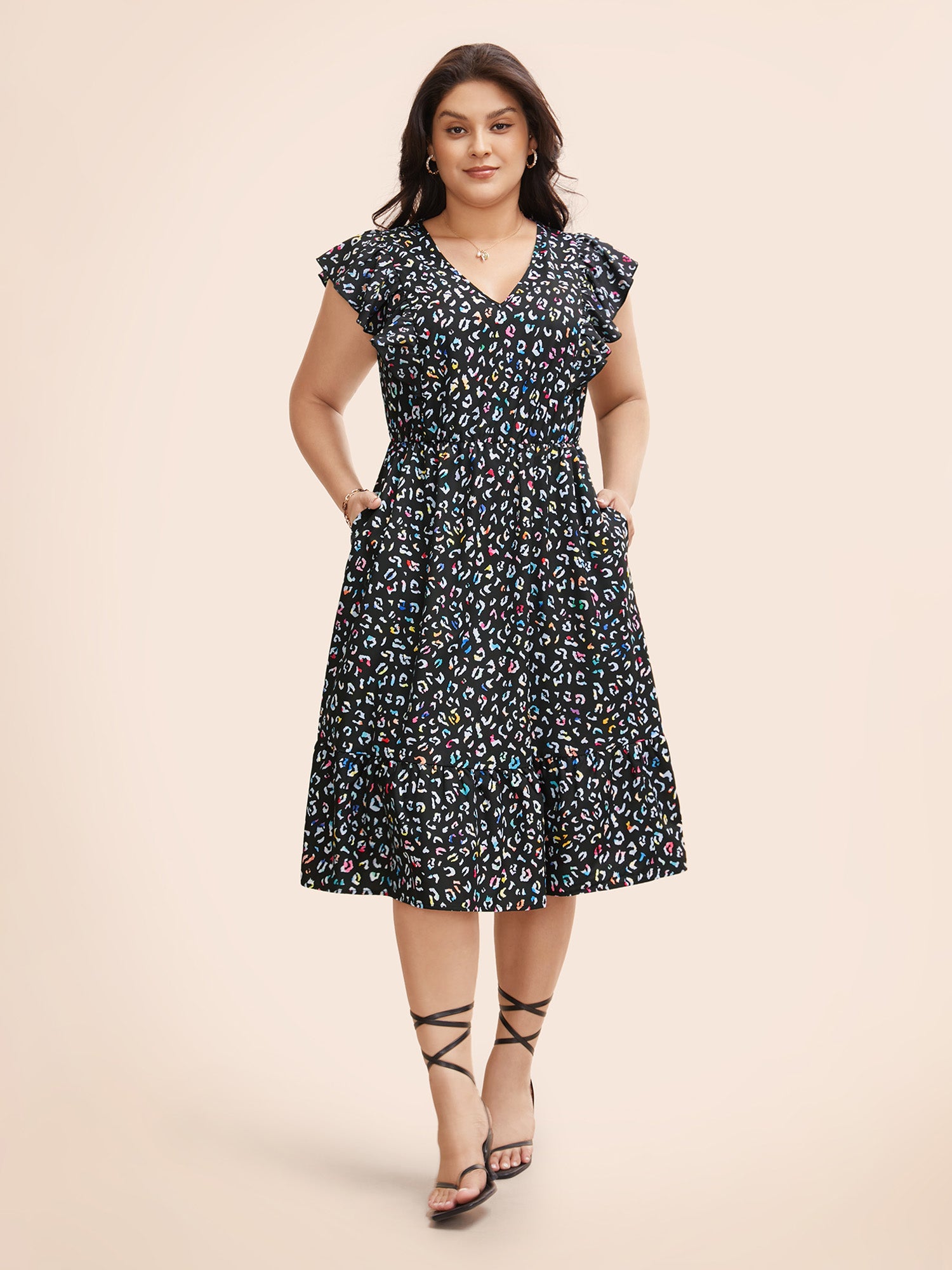 Multi-color Leopard Print Elastic Waist Midi Dress-Sweetccc