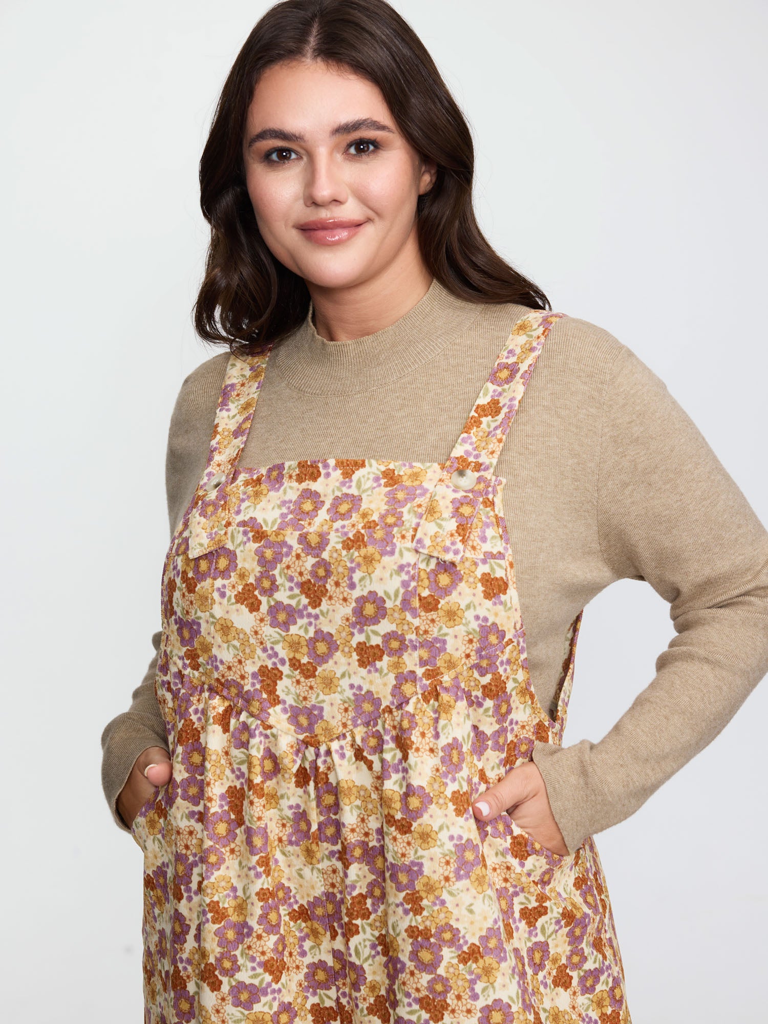 Floral Corduroy Adjustable Pockets Overall Jumpsuit-Sweetccc