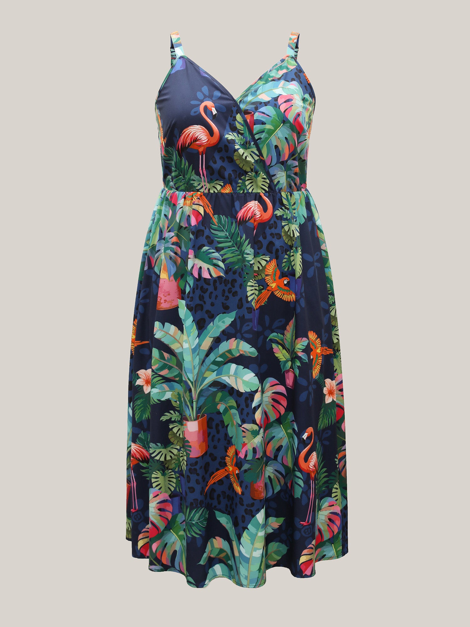 Tropical Pattern Surplice Pockets Midi Dress-Sweetccc