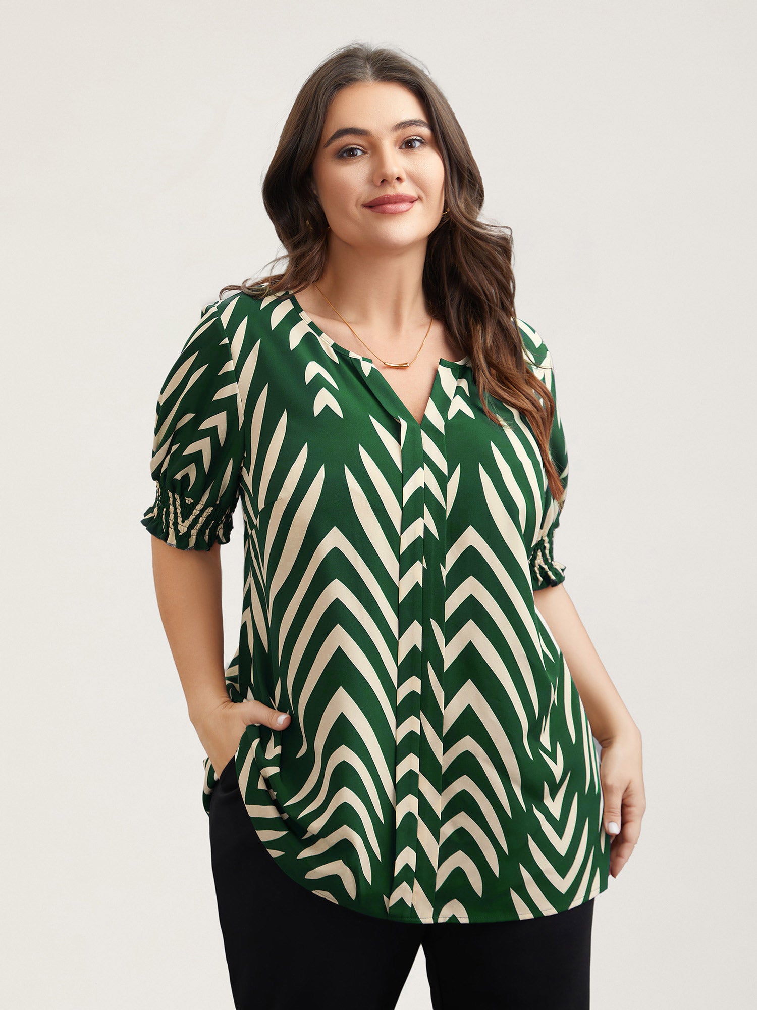 Geometric Print Ruffled Shirred Shirt-Sweetccc