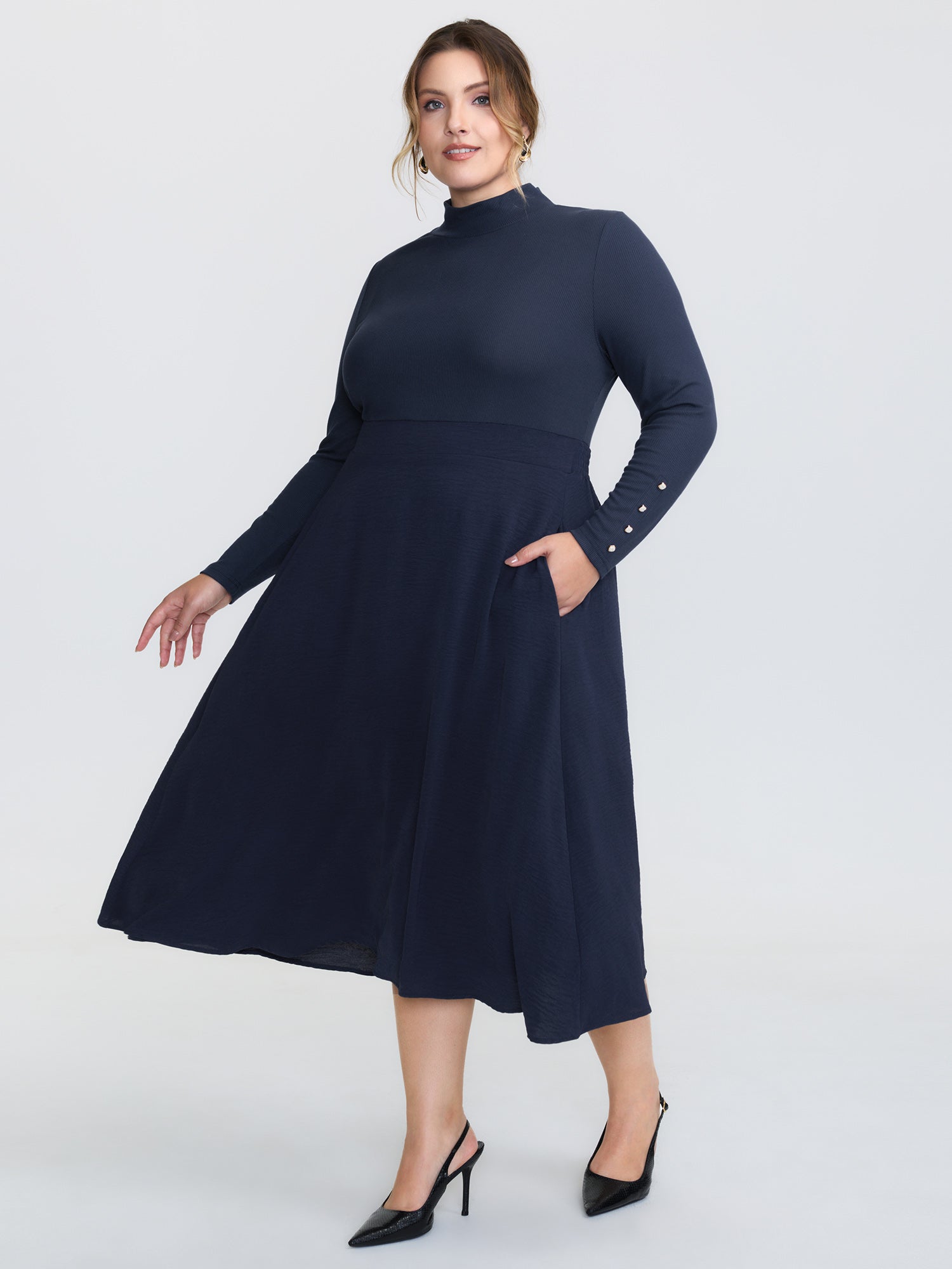 Mock Neck Waist-Defining Button Midi Dress-Sweetccc