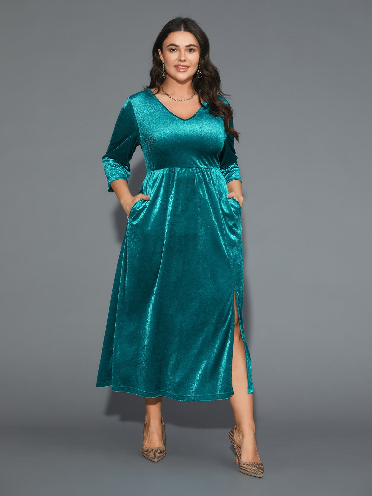 Velvet V-Neck Side Slit Maxi Dress-Sweetccc