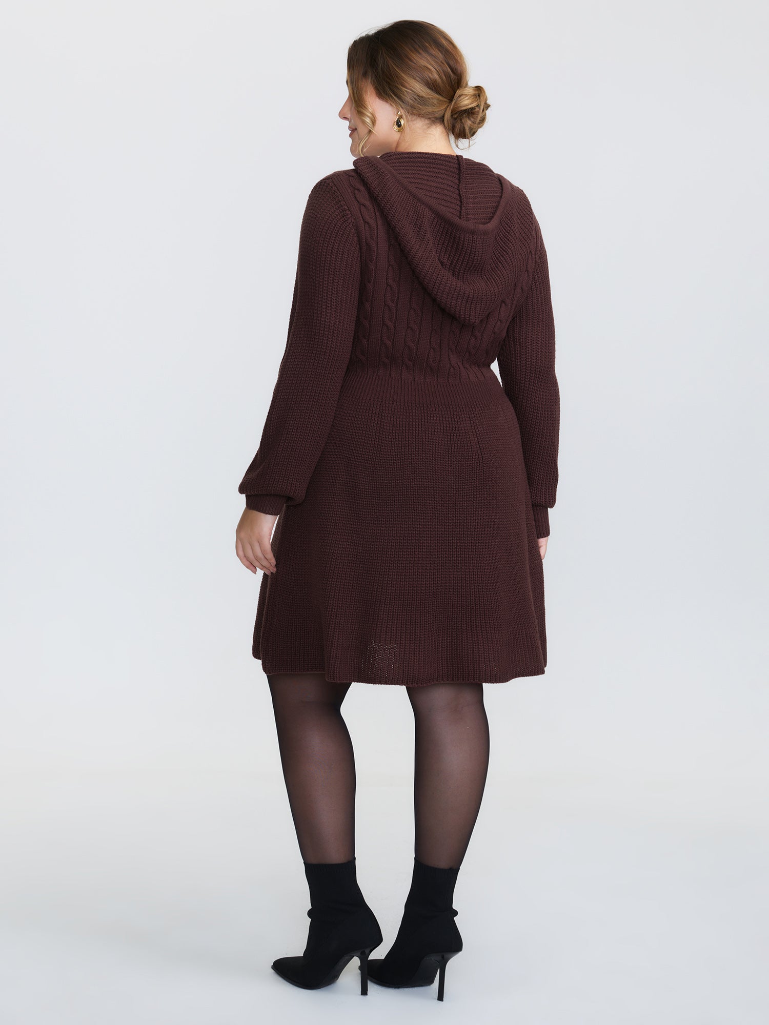 Textured Hooded Cinched-Waist Sweater Dress-Sweetccc