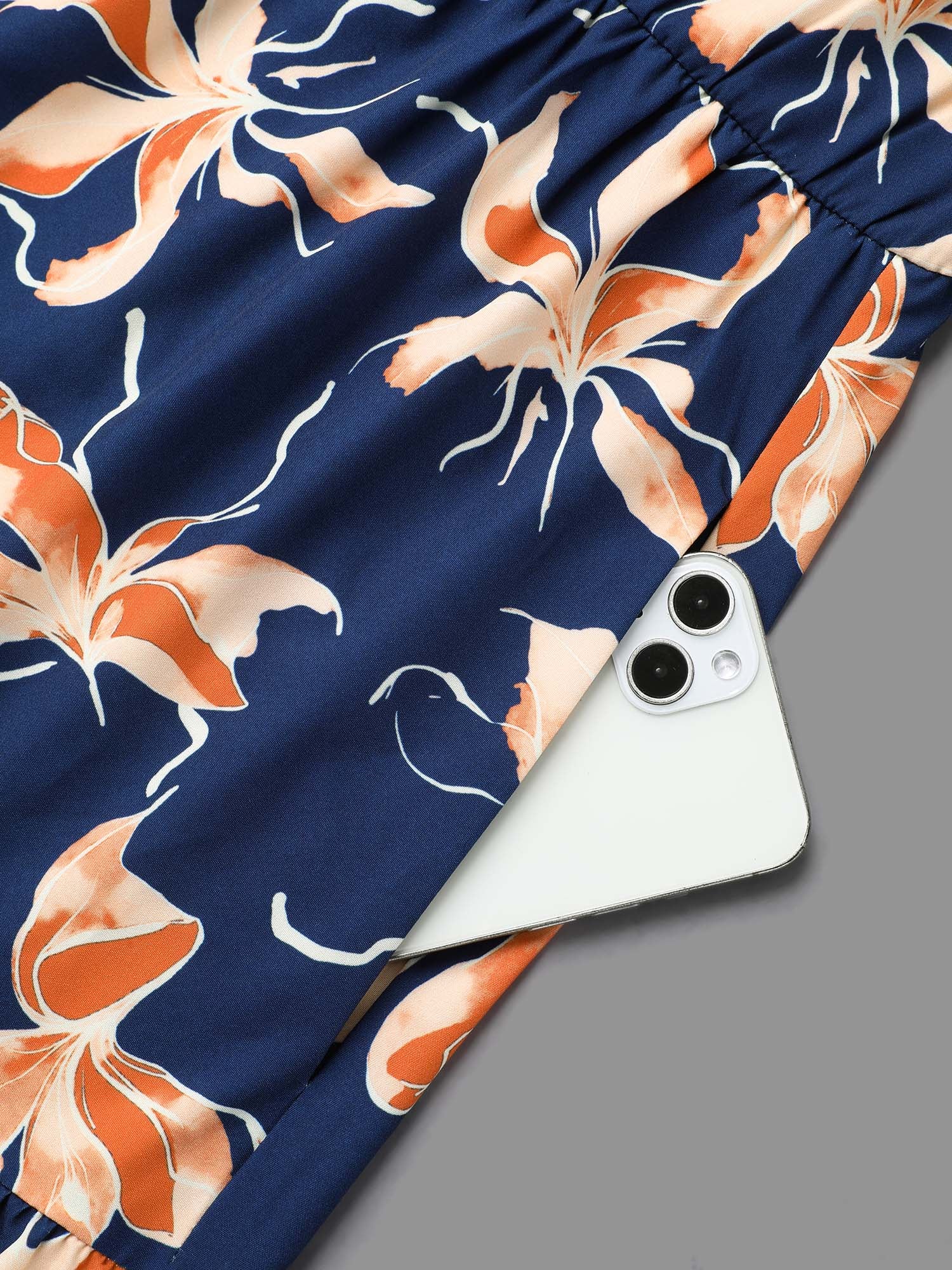 Tropical Flower Print Pockets Waist-Tie Midi Dress-Sweetccc