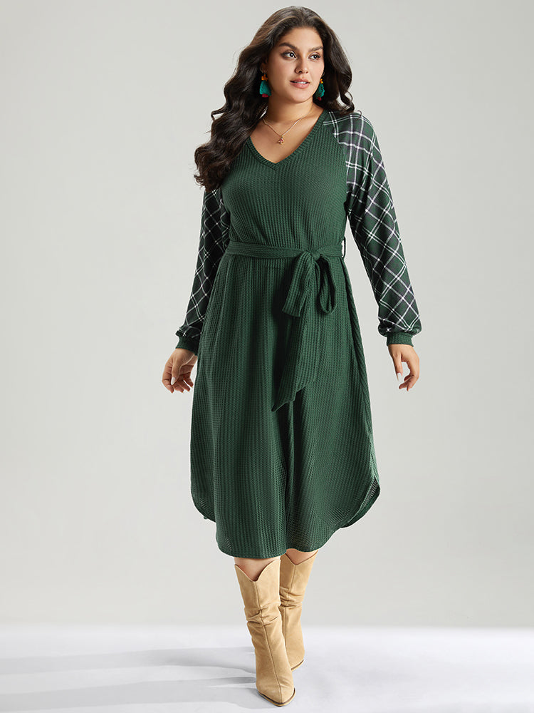 Waffle Knit Plaid Patchwork Belted Dress-Sweetccc