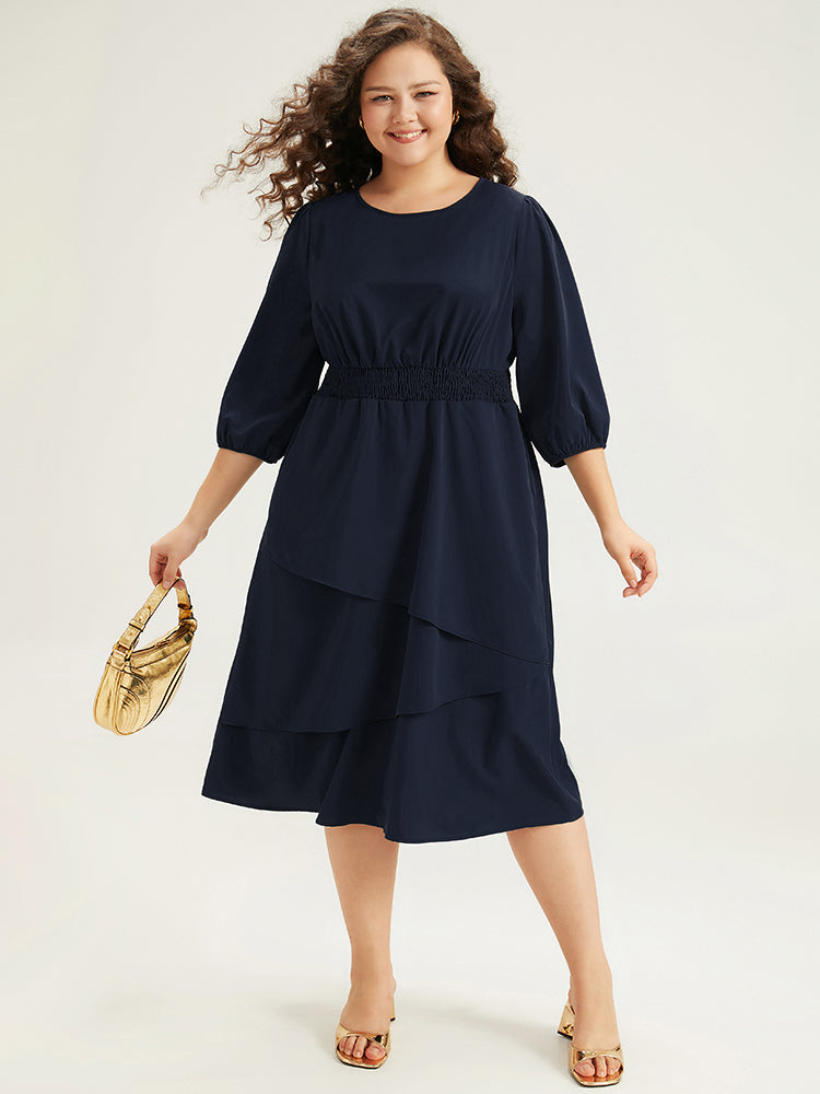 Twill Flutter Shirred Asymmetrical Layered Hem Dress-Sweetccc