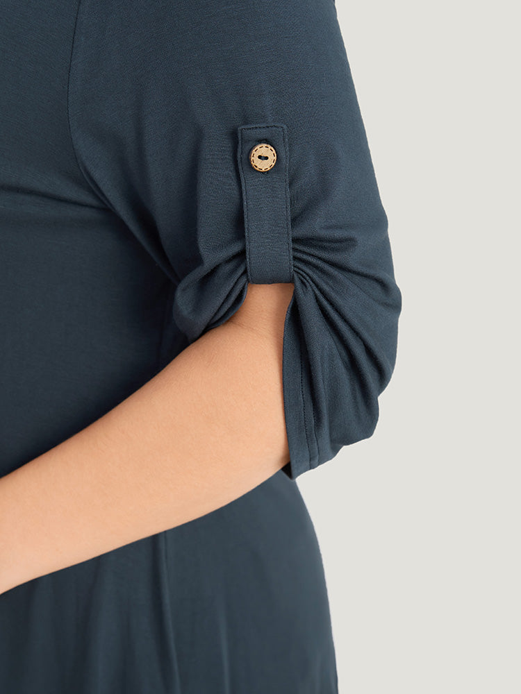 Supersoft Essentials Asymmetrical Hem Roll Sleeve Button Detail T-shirt-Sweetccc