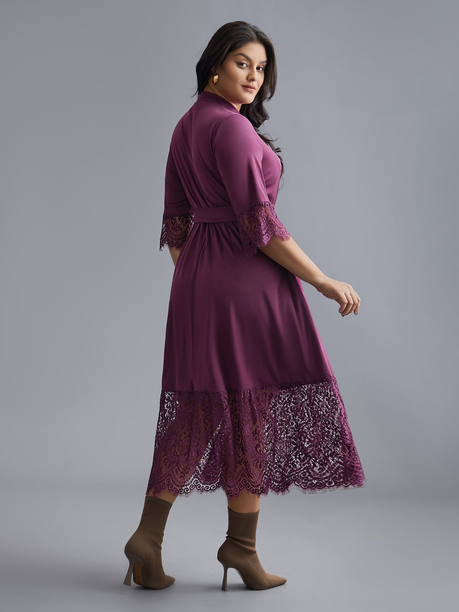 Mock Neck Crochet Lace Belted Dress-Sweetccc