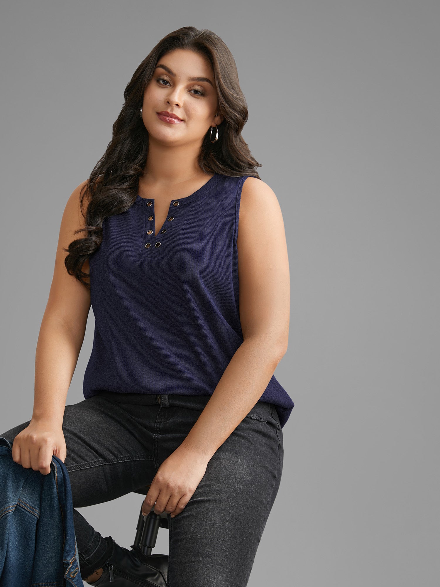 Notched Collar Eyelet Tank Top-Sweetccc