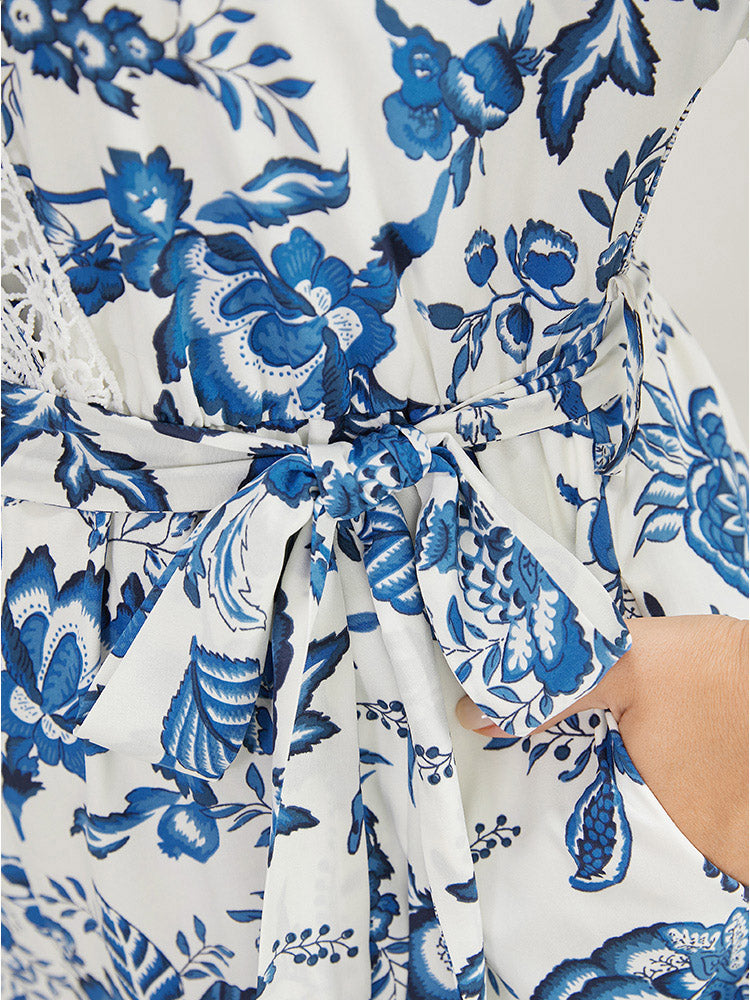 Floral Belted Pocket Lace Trim Wrap Jumpsuit-Sweetccc