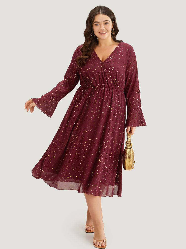Moon & Star Glitter Surplice Neck Bell Sleeve Dress-Sweetccc
